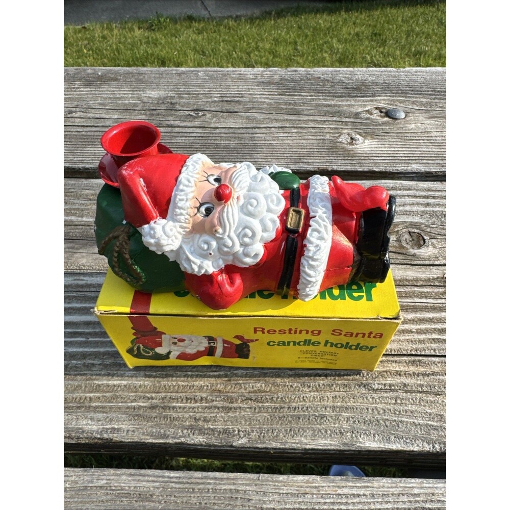 Adorable 1977 Plastic Resting Santa 5" Candle Holder, candle not included.